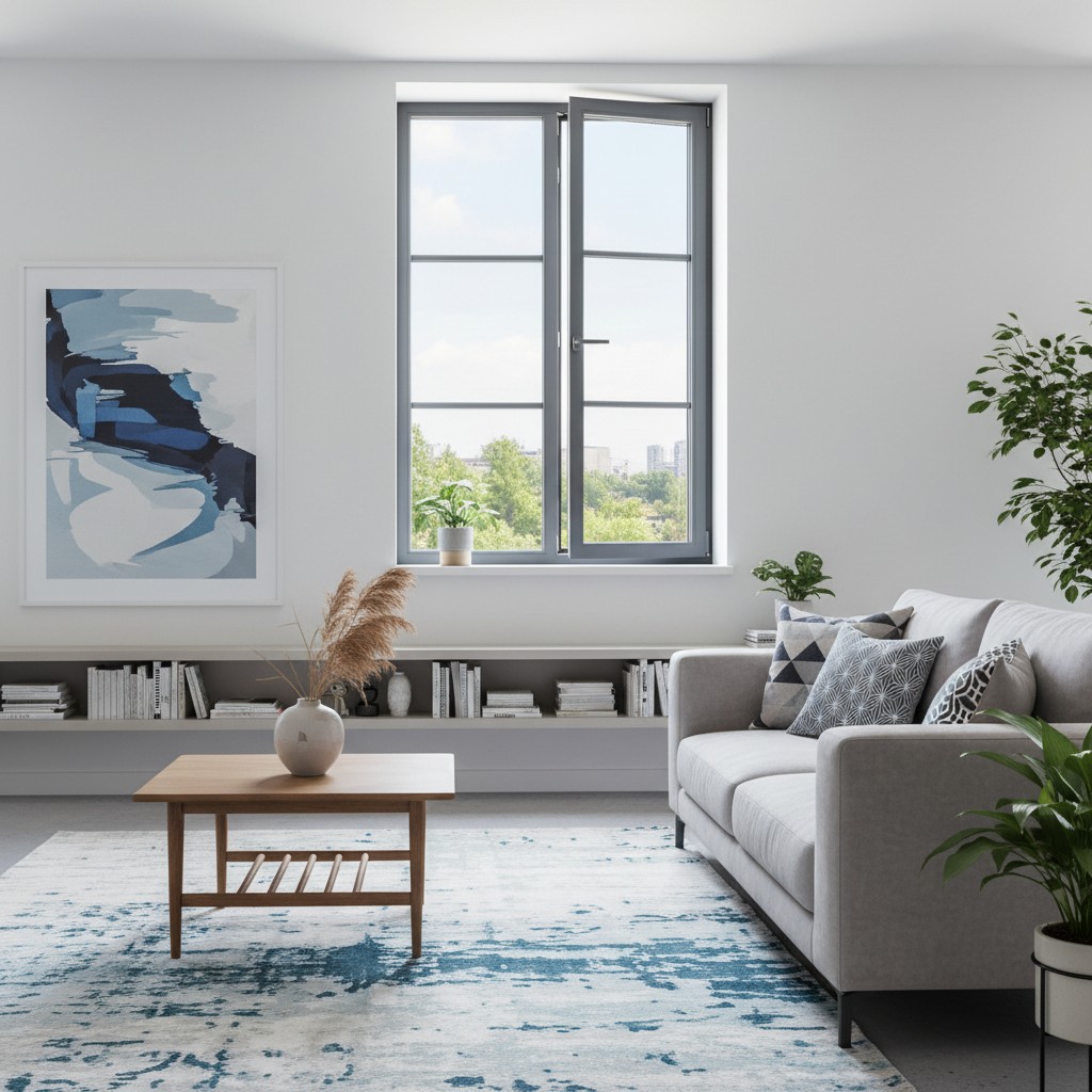 Simple, elegant room with white walls, white couch, white/teal rug, large window, and blue-and-white abstract art.