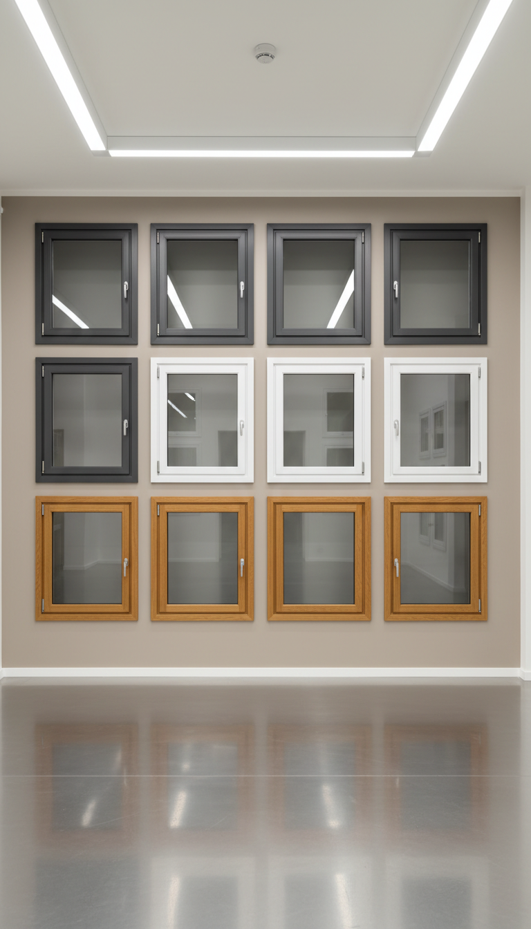 A collection of expertly installed PVC windows displayed in a grid on a gallery-style wall, each featuring distinct frame tones such as matte anthracite, classic white, and warm oak-wood finish. The setting is a spacious, pristinely maintained showroom with reflective metallic flooring and a neutral taupe backdrop. Even, soft overhead LED lighting ensures there are no harsh shadows and every texture is clearly visible. The mood is professional and trustworthy, emphasizing variety and quality craftsmanship. The image is shot from a slightly elevated perspective with sharp focus and a clean, modern aesthetic, perfect for showcasing business offerings.