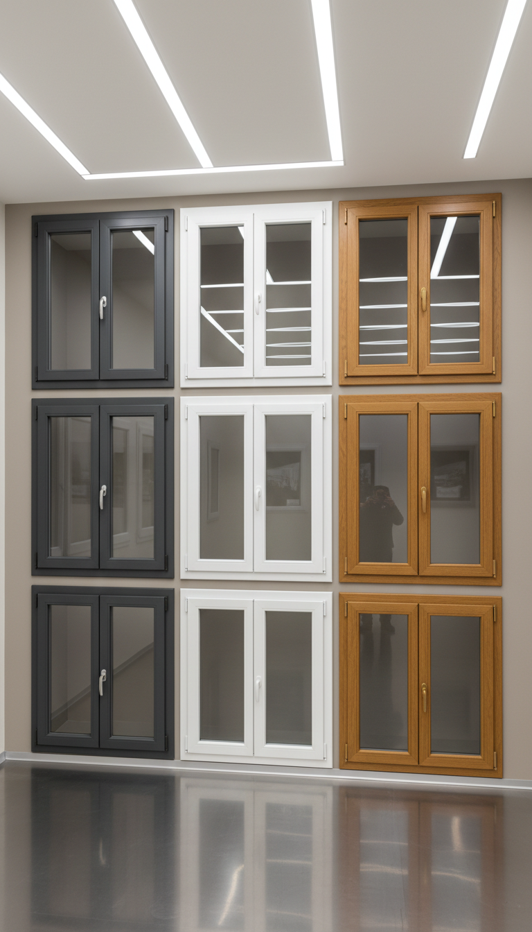 A collection of expertly installed PVC windows displayed in a grid on a gallery-style wall, each featuring distinct frame tones such as matte anthracite, classic white, and warm oak-wood finish. The setting is a spacious, pristinely maintained showroom with reflective metallic flooring and a neutral taupe backdrop. Even, soft overhead LED lighting ensures there are no harsh shadows and every texture is clearly visible. The mood is professional and trustworthy, emphasizing variety and quality craftsmanship. The image is shot from a slightly elevated perspective with sharp focus and a clean, modern aesthetic, perfect for showcasing business offerings.