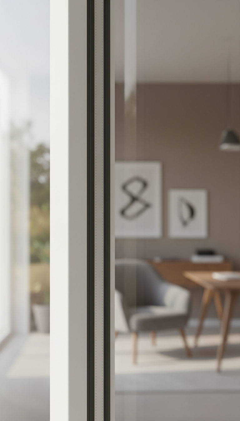 A close-up of a high-quality PVC window-corner detail, emphasizing seamless joints and durable rubber gasket seals. The window is set against a blurred background of an airy, high-end study with muted décor. Gentle, diffused afternoon light highlights the textural contrast between the matte PVC frame and the smooth, transparent glass, creating glints along the edges. The composition is tightly cropped with shallow depth of field, keeping the focus on material craftsmanship. The modern, minimalist style underscores confidence in the technical excellence of the product.