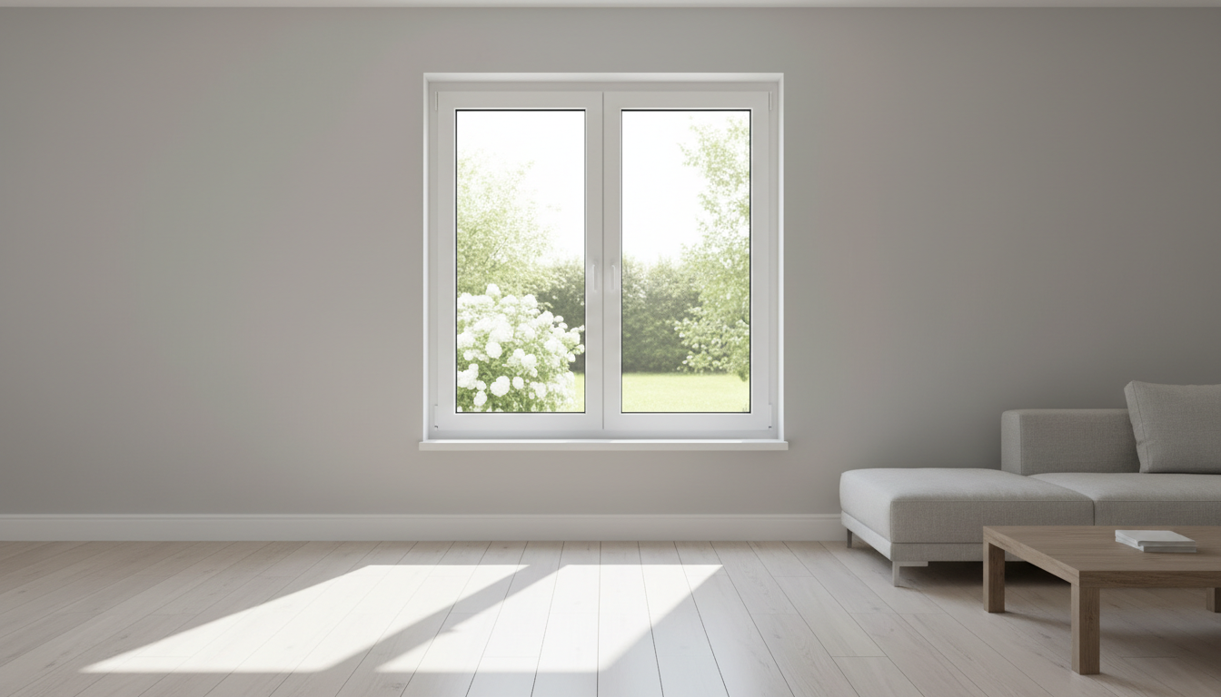 A sleek, contemporary PVC window with immaculate white framing and double-glazed transparent panes positioned in a minimalist modern living room. The window is set into a clean, smooth wall painted light grey, with hints of a sunlit garden visible through the glass. Bright, natural daylight streams in, casting fine linear shadows across the pale wooden floor and softly illuminating the textures of the PVC material. The mood is inviting, fresh, and showcases premium quality. Captured at a straight-on, eye-level angle with precise, sharp focus and crisp edges, creating a clean and modern impression suitable for a stylish business website gallery.