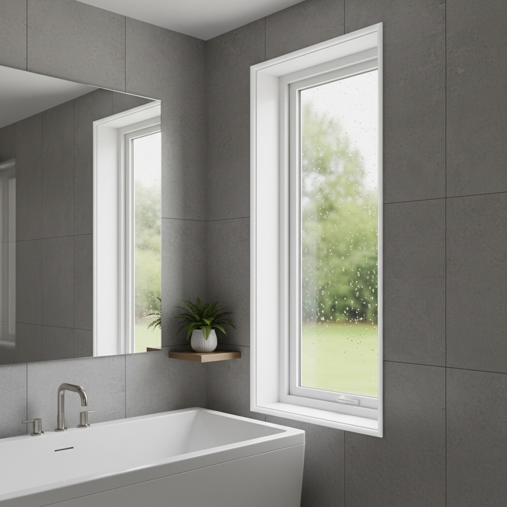 A bathroom with a window, sink, and the words "alt text" in small white characters inside its reflection, possibly surroun...