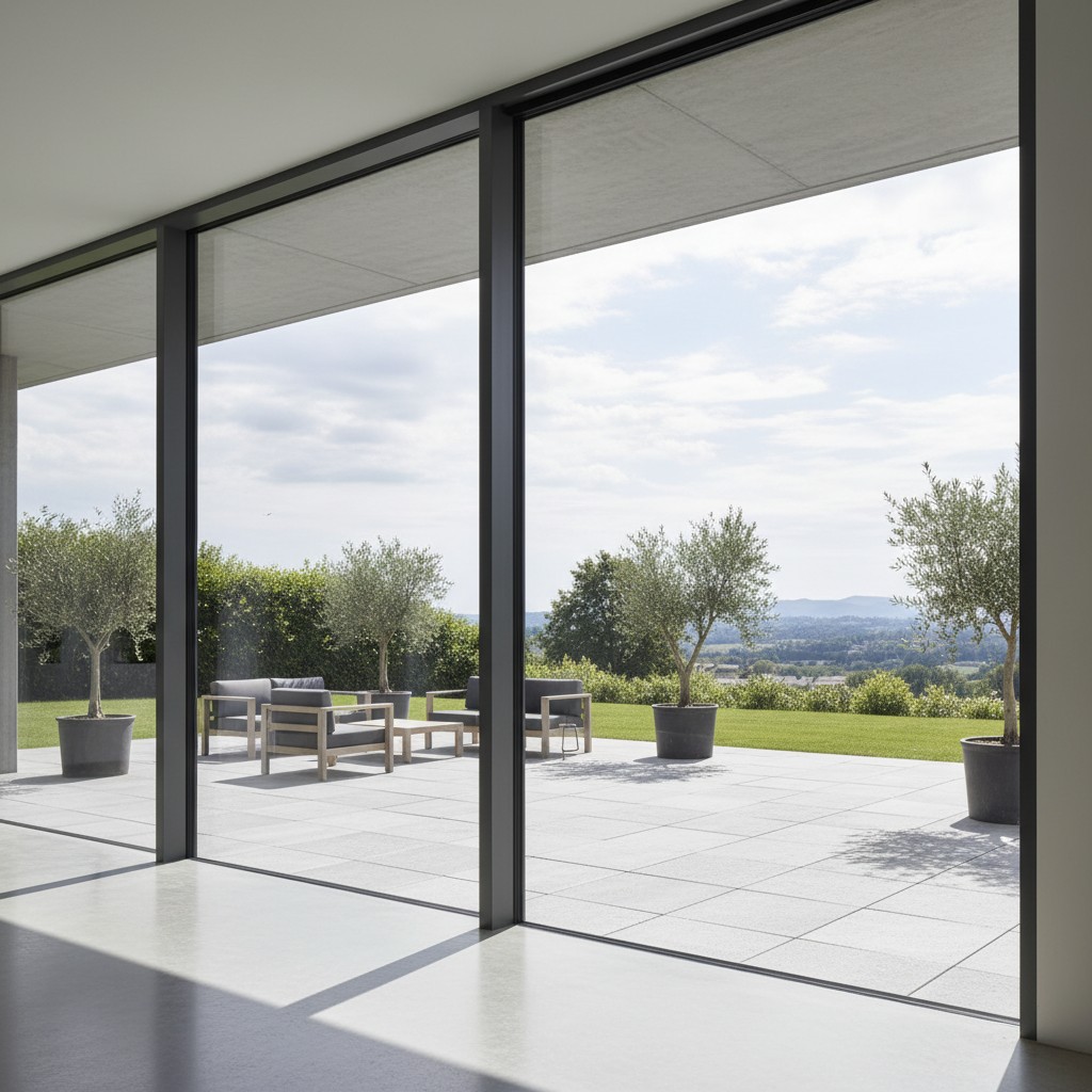 La imagen muestra una terraza extensa con sillas.