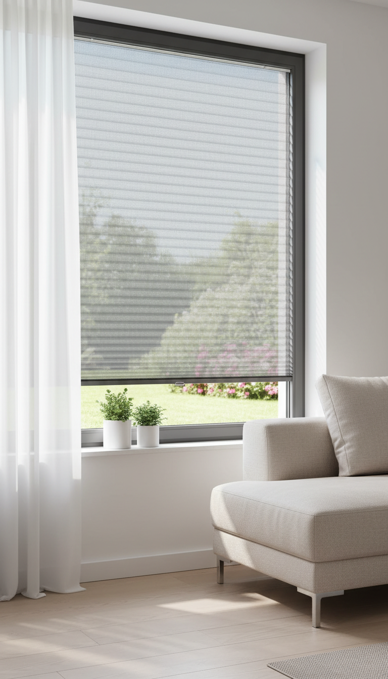 mosquitera plisada instalada en ventana de aluminio moderna, vista interior luminosa