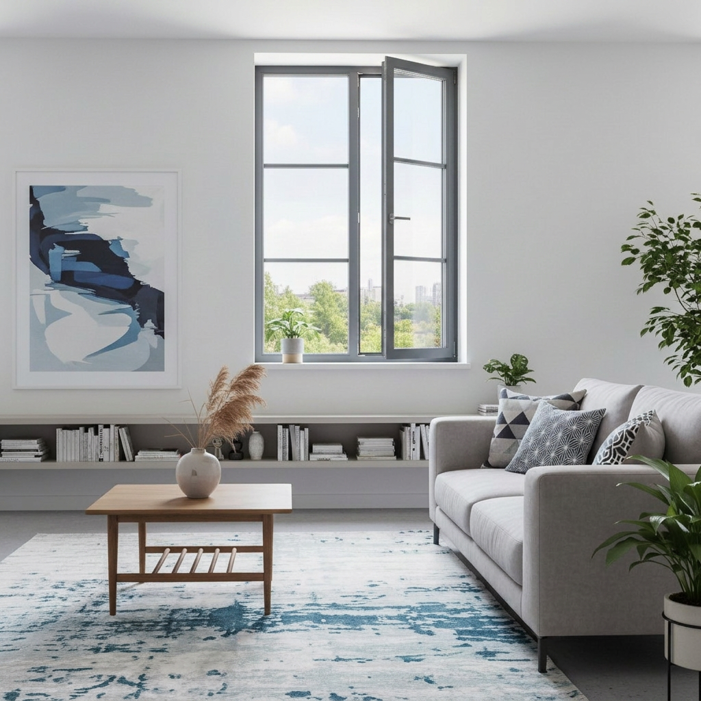Simple, elegant room with white walls, white couch, white/teal rug, large window, and blue-and-white abstract art.